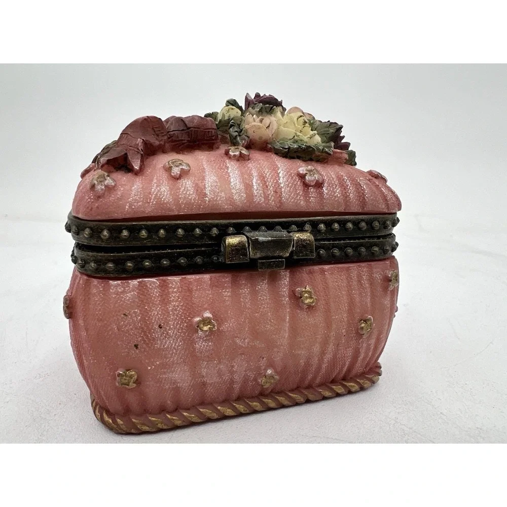 Pink Floral Decorative Trinket Box with Hinged Lid Collectible